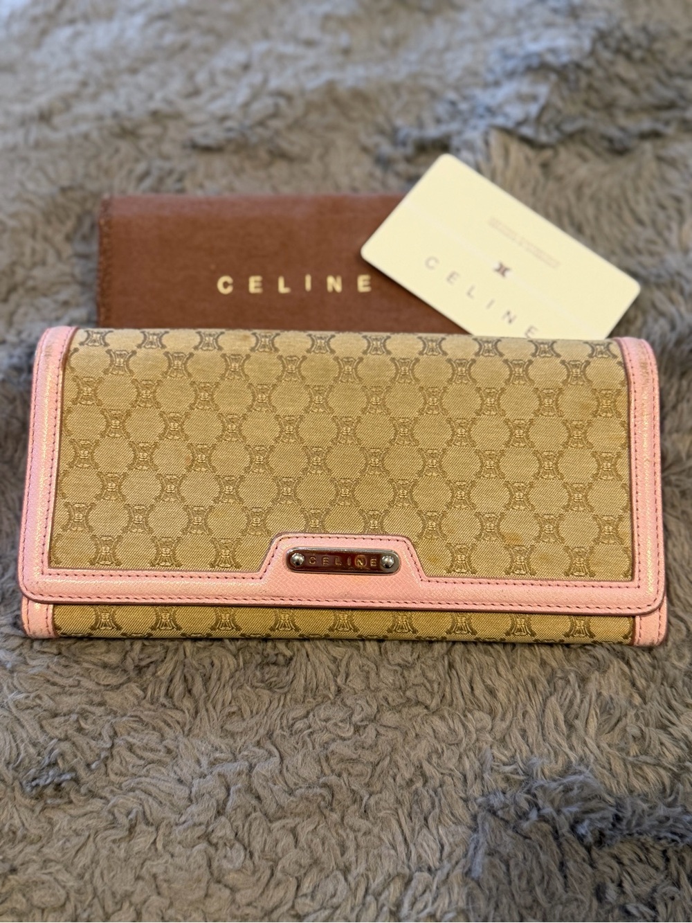 Celine Beige Brown Macadam Canvas Long Wallet with Pink Trim EUC